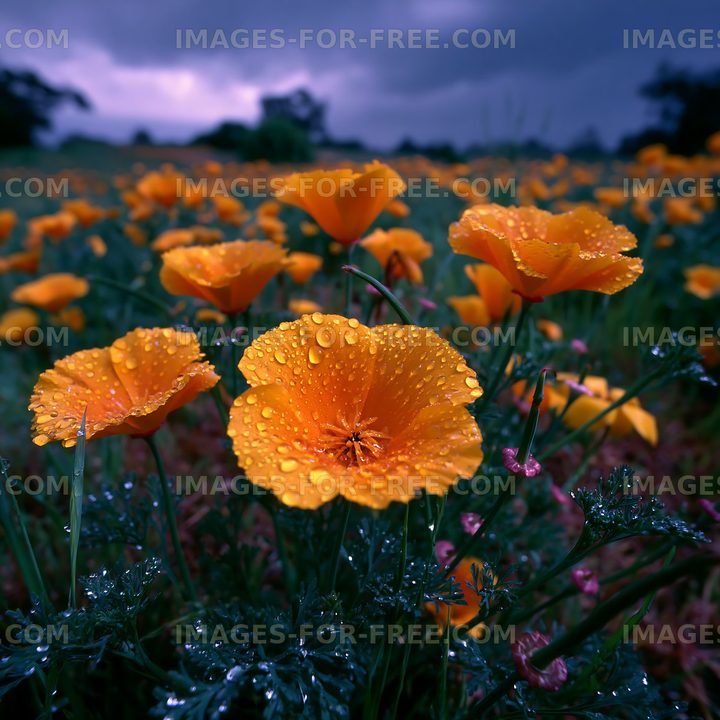 Yellow flowers with raindrops against a cloudy sky