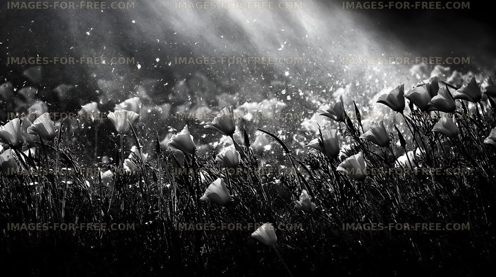 Sunlight shining on blooming flowers in black and white