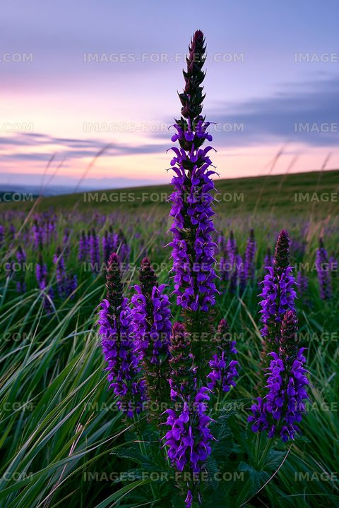 Purple flowers blooming in a green field at sunset