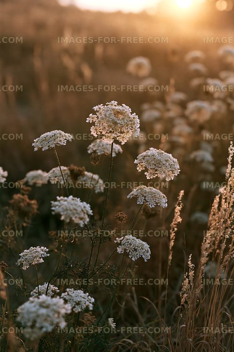Wildflowers bloom under sunset light in a grassy field
