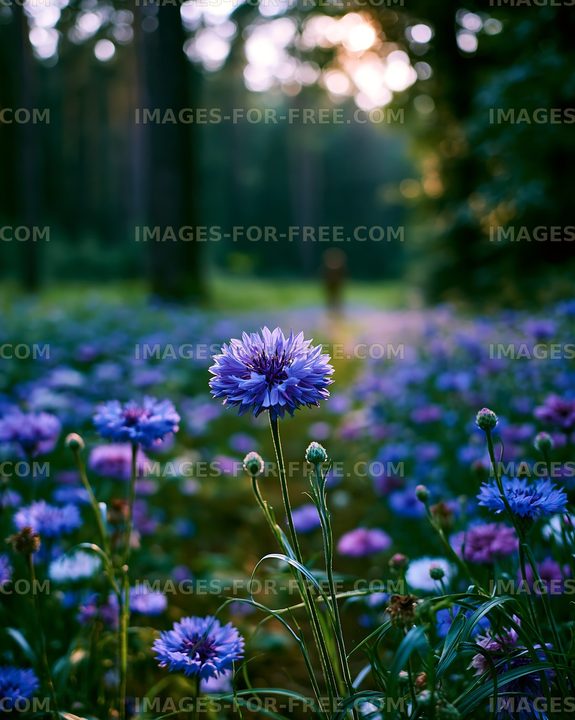 Field of blue flowers in a green forest during sunset