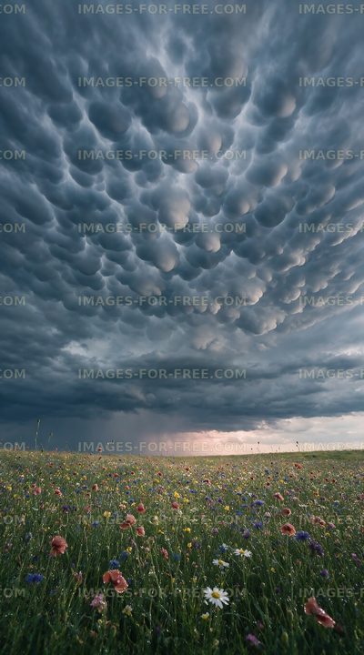 Mammatus clouds over a wildflower field at sunset