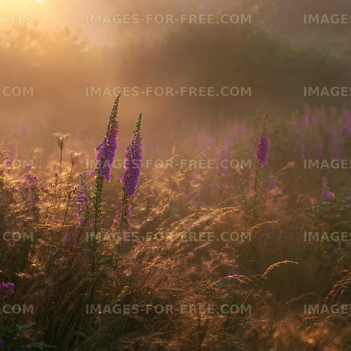 Morning light illuminates wildflowers in a grassy field