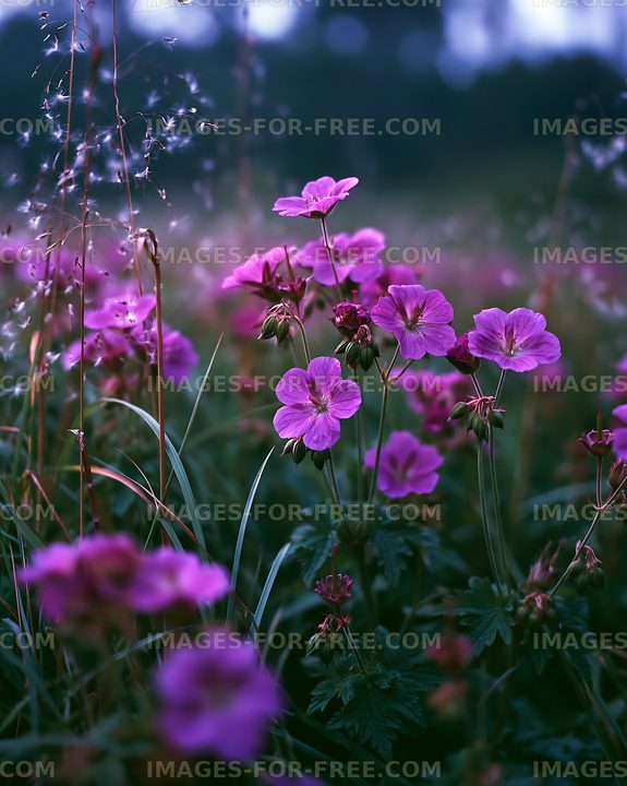 Vivid pink flowers bloom in a grassy field during early morning