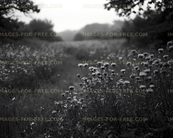 Flowers in a field on a foggy day