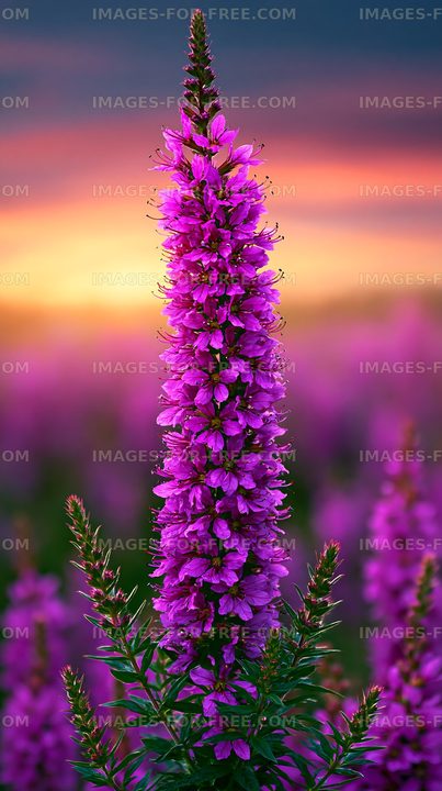 Vibrant purple flowers bloom during sunset in a field