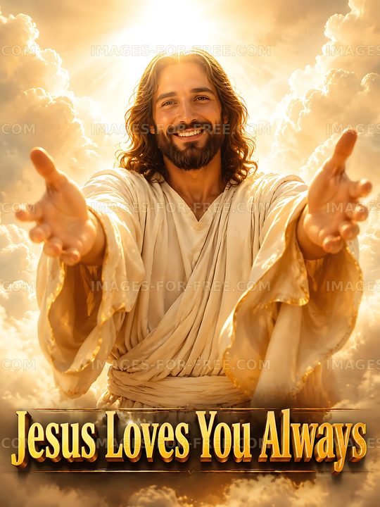 Figure of Jesus with open arms under bright light
