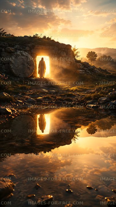 Light emerging from a cave at sunset with a figure standing