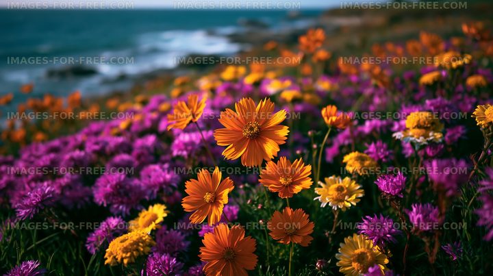 Colorful flowers by the ocean at sunset