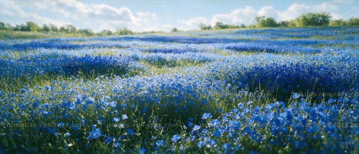 Vast field of blue flowers under a clear sky