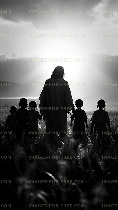 Figures walking in a wheat field at sunset