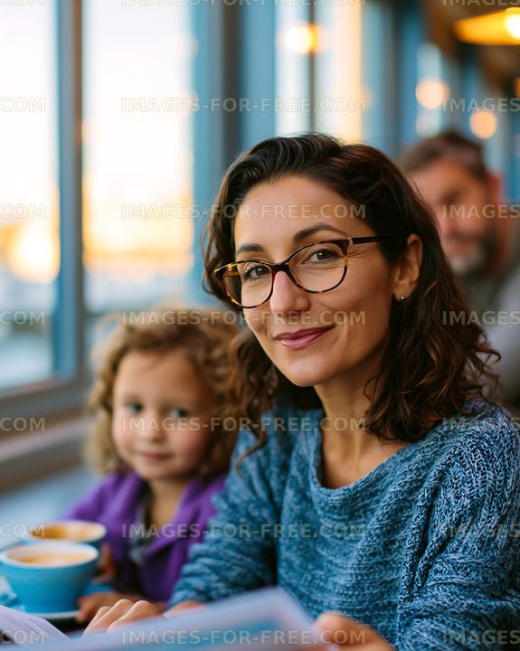 Woman and child in a cafe smiling and looking at the camera