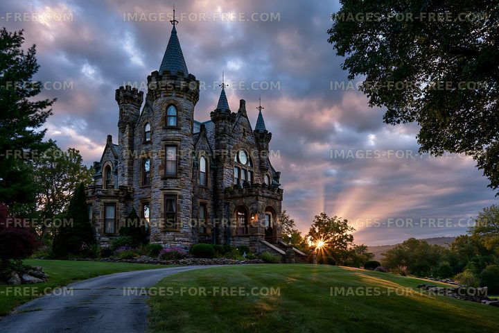Old stone castle with towers at sunset