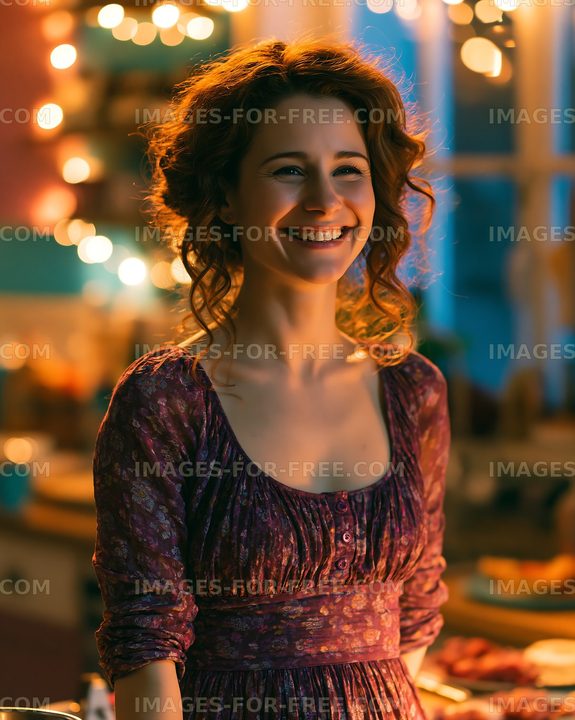 Smiling woman in a festive kitchen setting