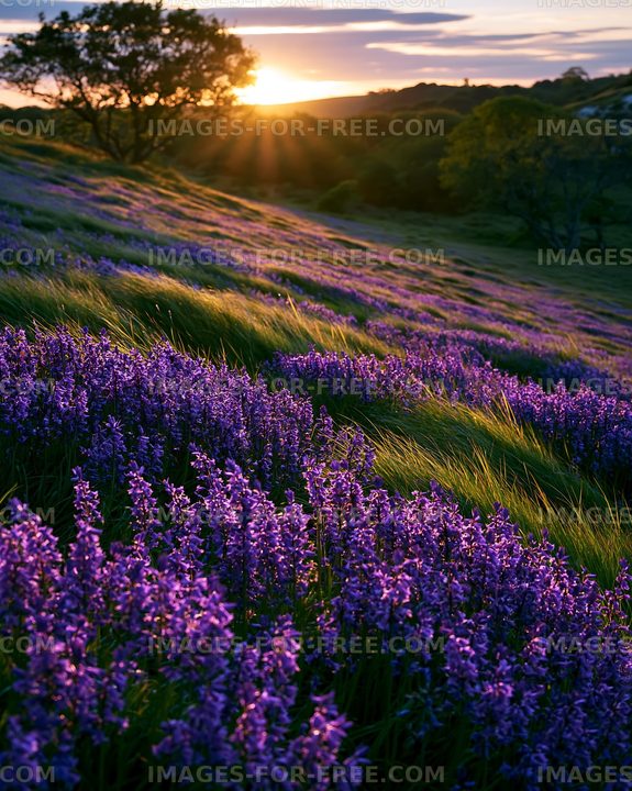 Field of purple flowers near sunset in a hilly landscape