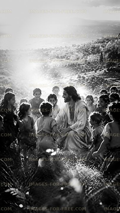 Group of children playing in a field with a man in white garments