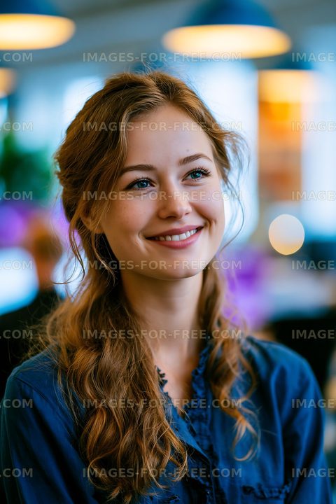 Smiling woman in blue shirt at a modern workspace