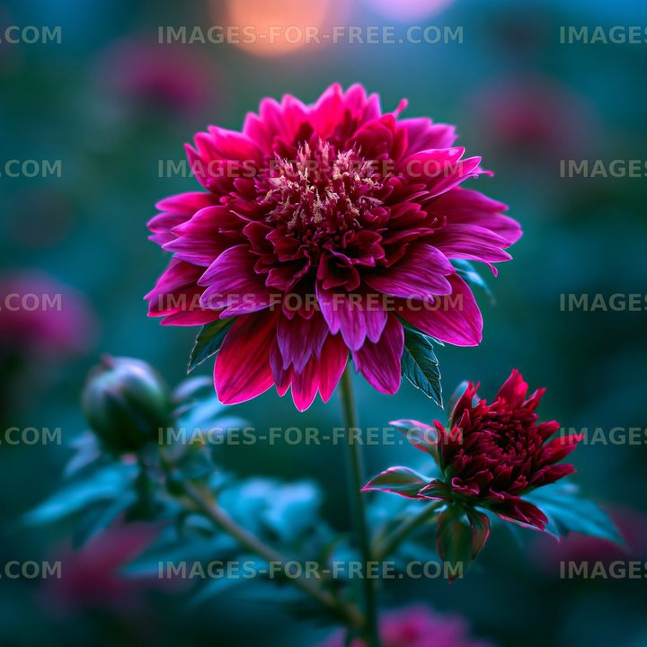 Bright pink flower in a garden during sunset