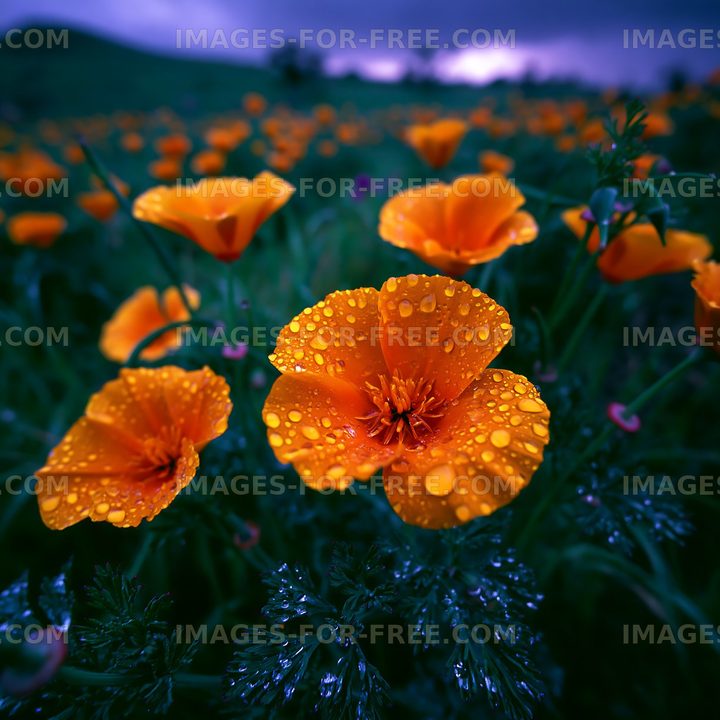 Bright orange flowers with raindrops in a green field