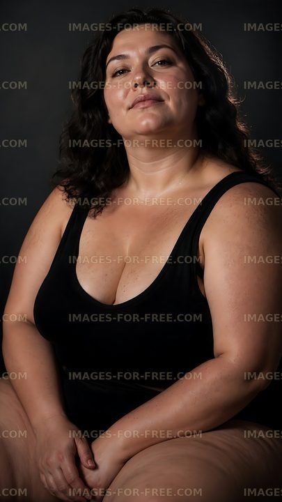 Portrait of a woman with dark hair seated against a dark background
