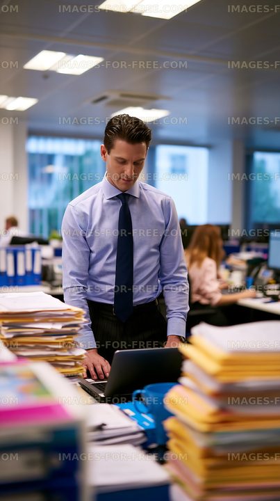Office worker standing at desk with paperwork in busy environment