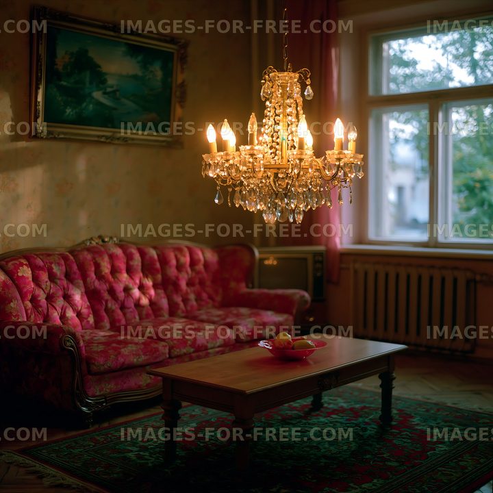 Vintage living room with chandelier and floral couch