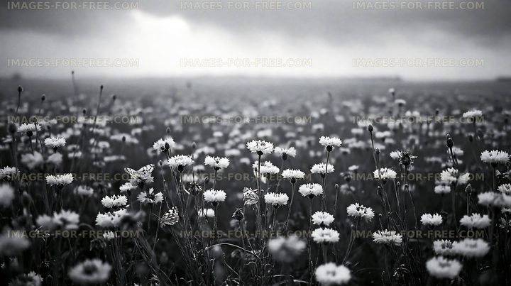Field of wildflowers under cloudy sky