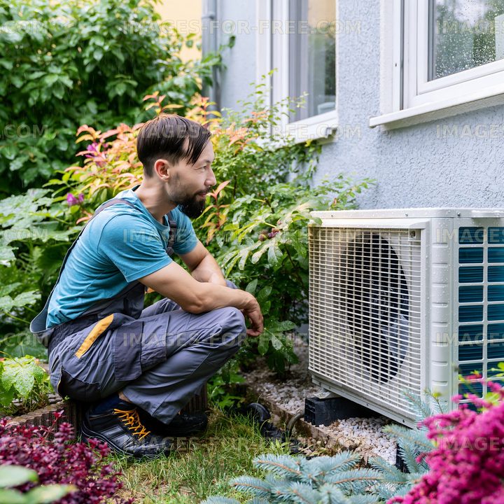 Technician inspects air conditioning unit in home garden