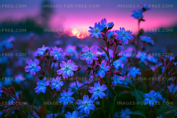 Vibrant flowers under colorful sunset sky