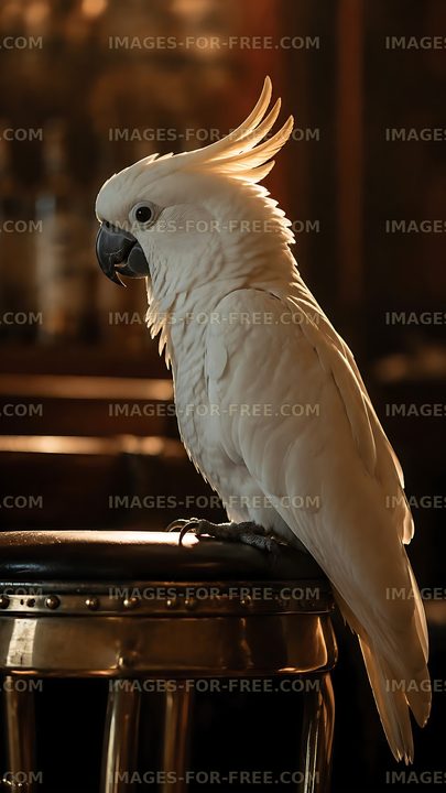 White cockatoo perched on a bar stool in a dimly lit setting