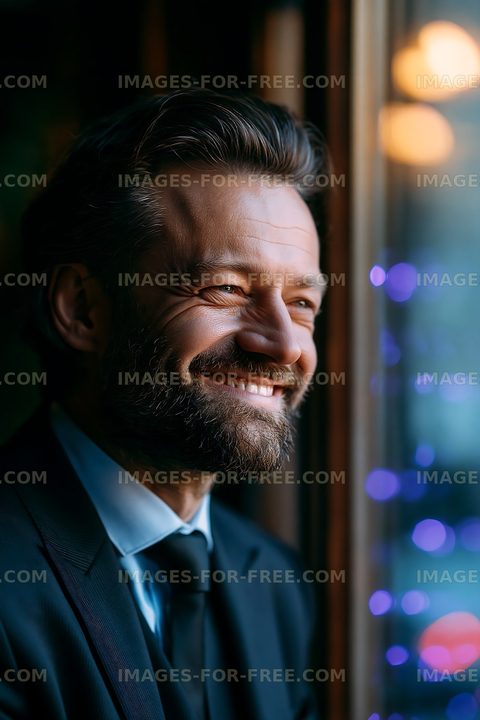 Smiling man in suit sitting by a window with city lights