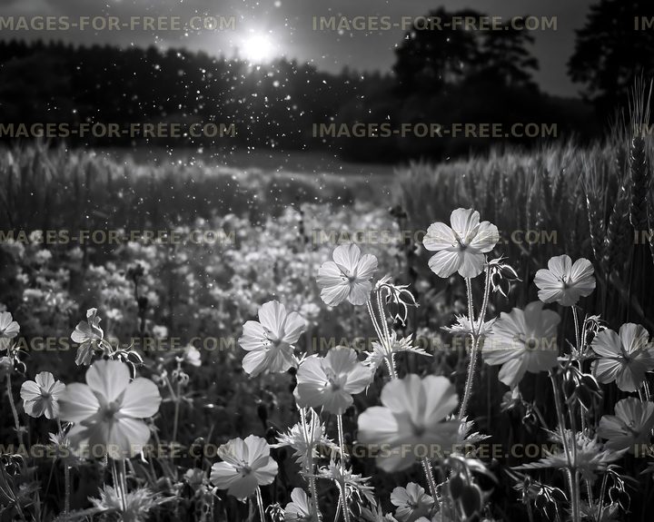 Field of flowers under bright sunlight in black and white