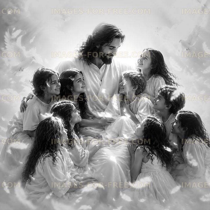 Jesus surrounded by children with doves in a soft glow