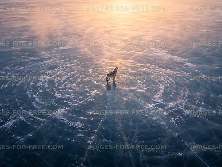 Dog standing alone on icy surface at sunset