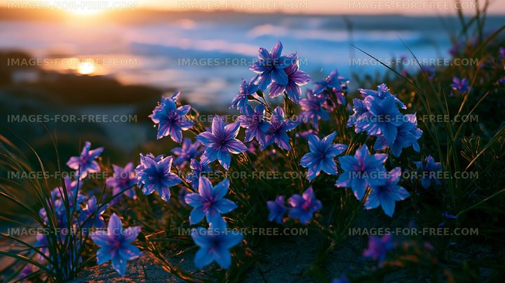 Violet flowers blooming near coastline at sunset