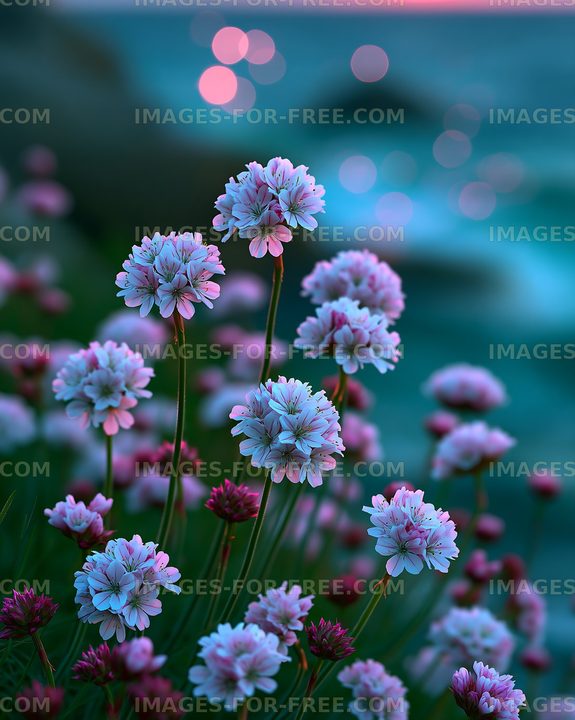 Flowers blooming by the shore at sunset