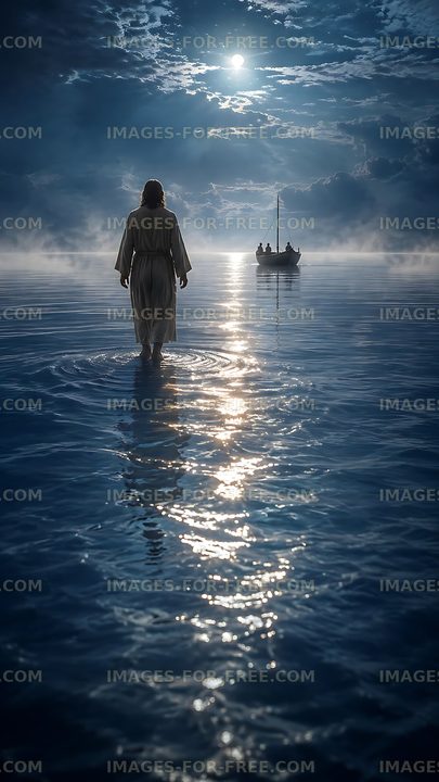 Person walking on water at night near a boat