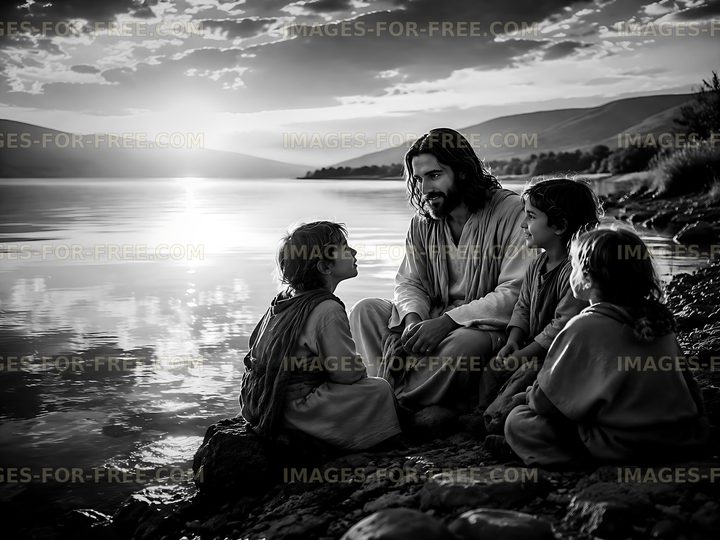 Jesus teaching children by the water at sunset