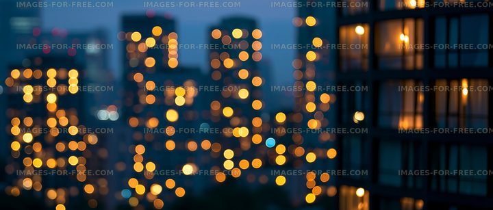 City skyline in evening with glowing lights