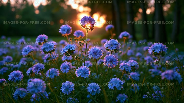 Vibrant blue flowers under a warm sunset sky