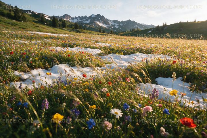 Vibrant wildflower field under mountain range in daytime