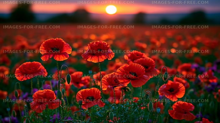 Vibrant red poppy flowers at sunset in a field