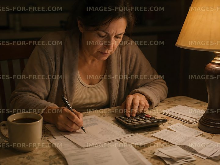 Woman managing bills at a table in the evening