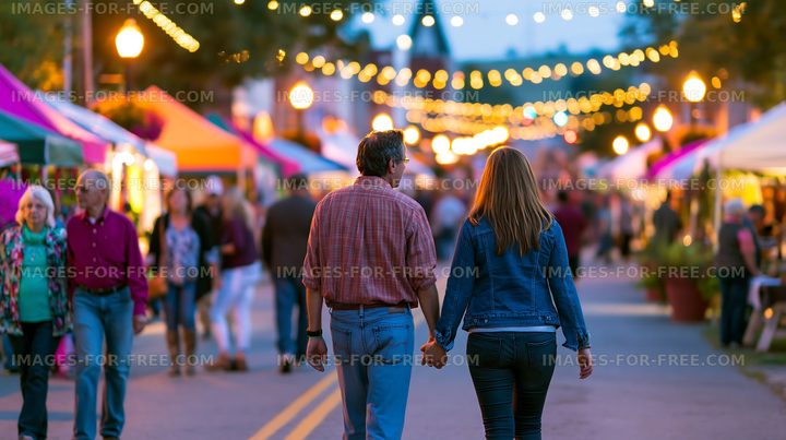 Couple walking hand in hand at an outdoor market in the evening