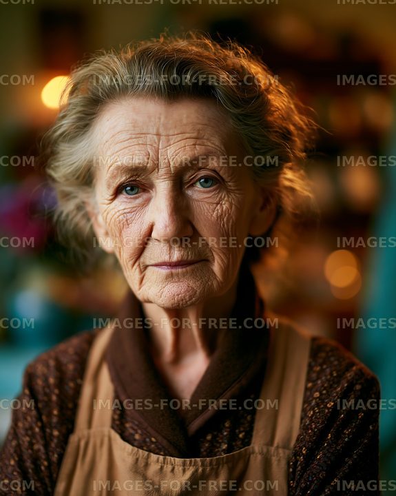 Elderly woman with gentle expression in a warm indoor setting