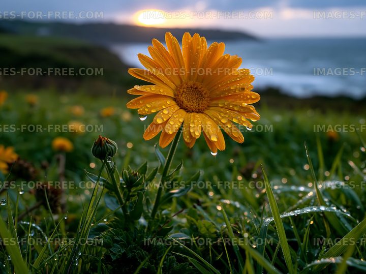 Bright yellow flower with dew beside the ocean at sunset