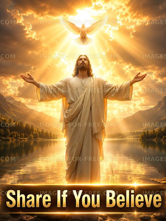 Jesus standing near a lake with a dove above and sunlight shining