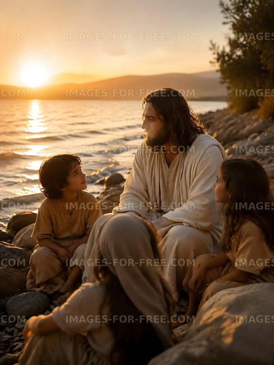 Man with children by the lakeshore during sunset