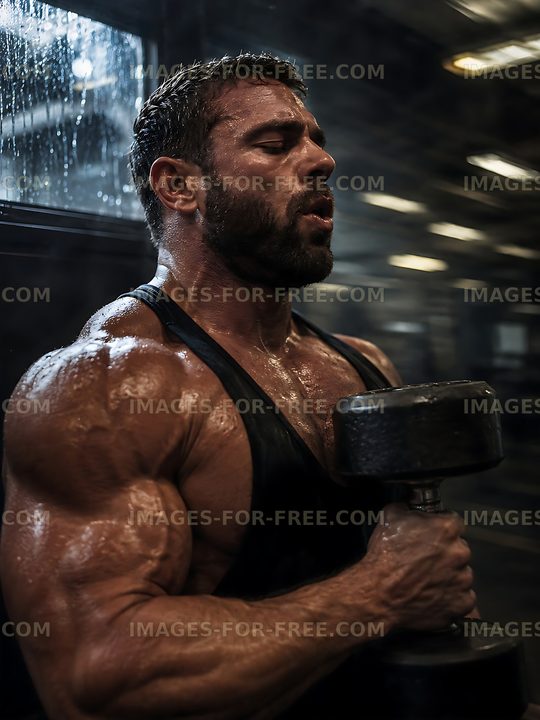 Muscular man lifting dumbbell in gym during workout session