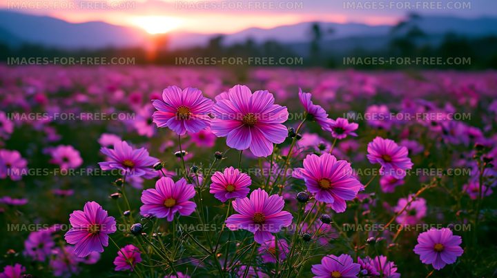 Vibrant pink flowers bloom in a sunset landscape